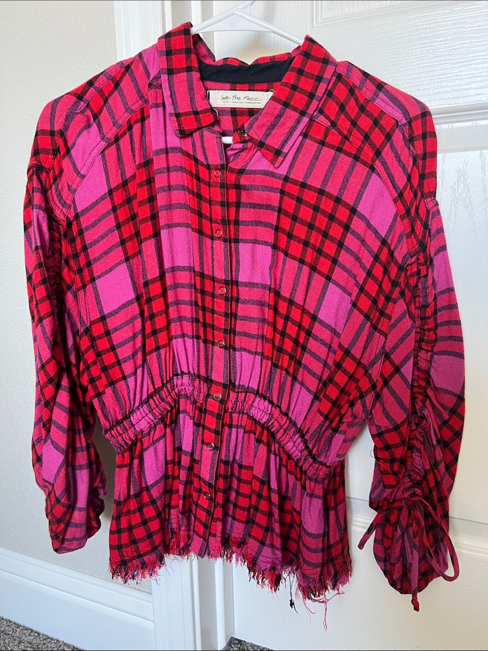 We The Free Hot Pink and Red Plaid Button-Front Shirt